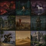 Make a grid of 3x3 (9 in total) images, all made in the exact technique of "Castlevania: Symphony of the Night" (for PS1, by Konami) in-game graphics (sprites, icons, other assets) replicated very precisely (the disntictive style of Castlevania graphics as opposite to the generic images! exaggerate the art direction and avoid anything default/generic-looking), so it looks like literally something from the game screenshots or from an icon from in-game UI, without any deviation from how it looks in the game. The images are featuring: a demonic griffin in volcanic landscape, a mermaid in a pond at a pine forest, an unicorn at a cursed pond, ruins of a temple in oak grove, an orkish camp in vasteland, a goblin tower in the middle of a swamp, a hydra at a sand coast with palm trees, a desert with dunes and distant pyramids, a marble palace surrounded by gardens with a gazebo and fountains.
