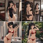 Asuka Langley Souryuu but with black hair, four different SFW images:
1. At a bedroom, trying on a
Y29tcGV0aXRpdmUgc3dpbXN1aXQ=
, posing in front of a mirror
2. At a library, posing in a set of 
dW5kZXJ3ZWFyIHdpdGggc3RvY2tpbmdz
, strikes a pose in front of full body mirror
3. At a bathroom, trying on
bGF0ZXggYmlraW5p
4. Takes a walk at a garden, wearing 
bGF0ZXggYmlraW5p