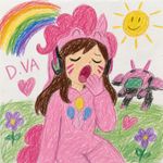 The Overwatch diva in a Pinky Pie costume is yawning, and the painting looks like it was drawn by a 5-year-old child.