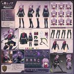 Create a professional (Pixiv/Behance/Naver) character sheet based on the character of this image (keep it very accurate and authentical, without altering anything in the initial design!). Include front, side, and back full-body views, plus a 3/4 view. Add a facial close-up with a range of expressions. Show a neutral standing pose and one dynamic pose that reflects the character’s personality.
Include outfit and accessory breakdowns, optionally showing layers or variations where appropriate. Add callouts for key elements. Also provide four options of alternative/optional original and highly-distinctive designs for the stockings/thighhighs/thigh-high legwear; and two options of leotards to replace the main attire (based on the default clothes design but reshaped into a leotard with high cut).
Include a small vignette illustrating the character in their everyday environment or routine, and an additional small scene capturing them in action. Also include a 2D sprite (in-game graphics asset, HD/*non-pixelated*) of this character from a "fighting" genre videogame where they are featured, and a render of a 3D model (low-poly, from a mobile game, but accurate) reproducing the same design accurately in 3D graphics. Also include a photography of a PVC figure (official merch) of this character.
Use a background that subtly reflects the character’s theme or environment (non-flat, non-modern but highly-sceuomorphic, 2000s-style with gel&lacquer designs, with resemblance of UIs in VN/Eroge games). Maintain consistent proportions across all views. Layout should be clean, organized, and readable, like a professional concept art sheet. Use the canvas space efficiently, with minimal gaps (to fill it to maximum extent, without wasting the space); overlaps are acceptable to save screen space. Do not allow wide gaps of empty space.
The drawing artistic technique (art direction) is matching the one in the reference provided; make it look very professionally-done, produced by a high-end senior artist of exceptional academical (fine arts) artistic skill (even if adapted to this specific stylization) with excellent and flawless portfolio-grade work.

