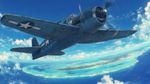 The Grumman F6F Hellcat in flight, atoll, Kyoto Animation fluid style, worm's eye view dramatic, harsh midday high-contrast, nostalgic melancholic mood, chromatic aberration subtle, film grain subtle texture, highly detailed masterpiece, best quality, masterpiece, absurdres
