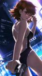 a vibrant lively artwork in style of Cytus by Rayark. close-up view, dutch angle, perspective foreshortening, it features Yukari Takeba from "Persona 3" who is standing at indoors pool, turning back, wearing a swimsuit, wearing glasses and adjusting her glasses, with a faint and knowing smile, while holds a pistol in her other hand and holds a cigarette in mouth; very vivid lighting and very harsh lighting with high contrast