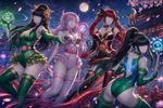 Make a high-quality professionally-made anime-style artwork (as in posts at Pixiv and Danbooru), with four female characters posing together, wearing the exact attires from the provided references in [Image 1], [Image 2], [Image 3], and [Image 4]. Implement dynamical poses, storytelling and panoramic anime-style background.

