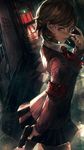 a vibrant lively artwork in style of Cytus and Sdorica by Rayark. close-up view, dutch angle, perspective foreshortening, it features Yukari Takeba from "Persona 3" who is standing at empty hallway, turning back, wearing glasses and adjusting her glasses, with a faint and knowing smile, while holds a pistol in her other hand and holds a cigarette in mouth; very vivid lighting and very harsh lighting with high contrast