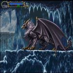 an image in the exact technique and art direction (non-pixelated, high-definition smoothly-done pixelwork, NOT pixelized) of in-game graphics assets (like in its sprites and textures) from the 1997 game "Castlevania: Symphony of the Night" (PS1) by Konami. a demonic griffin in ice cavern