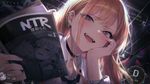 a vibrant lively artwork in style of Cytus by Rayark. close-up view, dutch angle, perspective foreshortening, it features Marin Kitagawa who has found an NTR manga book and looks it with amused expression and sneer