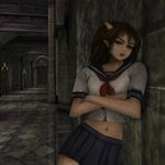 an image in the exact technique and art direction (non-pixelated, high-definition smoothly-done pixelwork with a perfect smooth upscaler applied, NOT pixelized) of in-game graphics assets (like in its sprites and textures) from the 1997 game "Castlevania: Symphony of the Night" (PS1) by Konami. close-up first-person view (NOT side view, not side-scroller) of a succubus schoolgirl in empty hall, leaning to a wall with a bored look