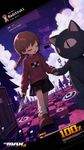a vibrant lively artwork in style of "DJ Max Portable 3" for PSP. close-up view, dutch angle, perspective foreshortening, it features Madotsuki from "Yume Nikki", with her eyes closed, with a sleepy and serene look, walking through realm of a dream with distant pines and clouds, together iwth a large plush cat, holding him by paw an talking to him, while holding a knife in her other hand lowered
