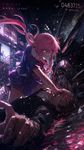 a vibrant lively artwork in style of Cytus by Rayark. close-up view, dutch angle, perspective foreshortening, it features Gasai Yuno (from "Mirai Nikki") at downtown, fighting and putting down a man in a bespoke dark suit, defeating him brutally and smashing into the black sleek sedan next to him