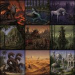 Make a grid of 3x3 (9 in total) images, all made in the exact technique of "Oddworld: Abe's Oddyssey" in-game graphics (sprites, icons, other assets) and its art direction, replicated very precisely (the disntictive style of Oddworld graphics as opposite to the generic images! Exaggerate the art direction and avoid anything default/generic-looking), so it looks like literally something from the game screenshots or from an icon from in-game UI, without any deviation from how it looks in the game. The images are featuring: a demonic griffin in volcanic landscape, a mermaid in a pond at a pine forest, an unicorn at a cursed pond, ruins of a temple in oak grove, an orkish camp in vasteland, a goblin tower in the middle of a swamp, a hydra at a sand coast with palm trees, a desert with dunes and distant pyramids, a marble palace surrounded by gardens with a gazebo and fountains.