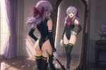 Make an artwork of Hiiragi Shinoa (from "Owari no Seraph") based on the references from the [Image]: the pose (as with PVC figure; but she is standing in front of full body mirror); the expression (as with the closeup shot); the alternative thigh-highs; the alternative attire design (leotard).

