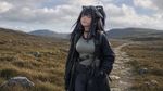 pic related character walks on the moors (realistic style), closed her eyes with happiness