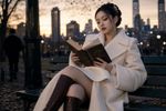 k-pop music video screencap. a girl, cuts a striking figure against the mundane backdrop. She wears a high-end, designer coat—a deep cream wool that looks spotlessly clean—and her legs are crossed elegantly, revealing expensive leather boots. Her hair is dark, pinned up with an ornament that catches the dying light.

She is reading a book, a thick, hardcover volume with gold lettering on the spine that looks too heavy to be casual reading. Her posture is perfect, her expression absorbed but distant, like she is reading about real people but finds them boring compared to herself.

There is an air of imperiousness about her. She doesn't look up as he approaches, nor does she acknowledge the rustle of leaves or the distant city sirens. She simply turns a page with a fluid, graceful motion, her manicured fingers gliding over the paper.
