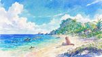 Artstyle: watercolor with thin brushstrokes, artstyle similar to 'Flip Flappers', full-image wallpaper
Character: faraway shot of a monster girl marooned on the beach of an island