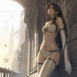 an artwork in style of Cytus by Rayark. It features an "Ico"/"Shadow or the Colossus"-style woman at a hallway, she is wearing a contemporary-style attire, as of a 'race queen' or of some vocaloid. [attire: a perfect bikini set, thigh-high boots, choker, elbow-length gloves, earrings, tattoo at belly, all in the distinctive style and aesthetics of games by Team Ico]. the vibrant anime artstyle(art direction) that suits "Ico"&"Shadow or the Colossus". her skin is glossy