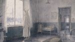 Artstyle: watercolor with thin brushstrokes, artstyle similar to 'Angel's Egg', full-image wallpaper
Character: rear side-view of a passive monster girl in a 40s asylum, looking out the window, winter