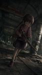 a vibrant lively artwork in style of Cytus by Rayark. close-up view, dutch angle, perspective foreshortening, it features Madotsuki from "Yume Nikki" in the world of Fallout 3, exploring a subway station with a hunting rifle, walking with caution, with her eyes closed and her pip-boy glowing faintly at the dim-lit subway station