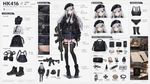 GFL HK416. Generate a Full Character Concept Sheet based on the image. The final artwork should include: A full-body illustration of the character in the center. Surrounding breakdowns of: outfit layers, facial expressions, undergarments, material/texture close-ups, core props, lifestyle items and accessories. Layout: Center: main full-body character. Around the character: neatly arranged breakdown elements. Use hand-drawn arrows or lines to connect items to relevant parts. Breakdown Components: Clothing Layers: show garments as separate pieces; include inner layers. Expression Sheet: 3-4 headshots showing different emotions. Material Zoom: close-ups of fabric, leather, skin, or accessories. Personal Items: bag + contents, makeup items, daily-use objects that reflect lifestyle.