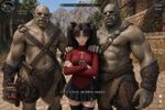 Rin Tohsaka (Fate Stay/Night) but she is an NPC/follower with her distinctive items set equipped, a mod by a Korean modmaker, added in a heavily modded Skyrim, with a custom race made by Korean modding community. The location is Elsweyr (added with a mod), at sides by her two ogres standing with their hands placed on her shoulders (a subtle hint of Loverslab mods). iCEnhancer and ENB (Cinematic+Natural), on ultra settings, and ultraHD/8K textures overhaul (no Depth of Field; DoF turned off currently)