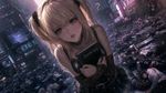 a vibrant lively artwork in style of Cytus by Rayark. close-up view, dutch angle, perspective foreshortening, it features Amane Misa cluthing Death Note at her chest, standing over dozens of bodies in the middle of downtown, confused and pouting