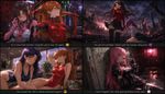 Make an 2x2 grid of 4 images:

Mari Makinami and Asuka Langley are posing playfully/seductively in their plugsuits. Maei is playing with her glasses, Asuka is playing with her hair while looking away
Rin Tohsaka (Fate Stay/Night) is posing in her iconic red sweater with skirt and thighhighs, at an apocalyptic scenery, and Matou Sakura is kneeling next to her.
Misato and Asuka Langley are posing playfully/seductively in competitive swimsuits at a living room.
Gasai Yuno (Mirai Nikki) wearing leather "gothic lolita" attire, leaning to a wall and licking a lollipop.

The artstyle (Exaggerate those traits to maximum extent):

<core>
- Smooth, calculated gradient transitions from highlights to shadows
- **For background only:** Hyper-detailed rendering with photorealistic anime aesthetics
- Material Science Application: The way light interacts with the glossy parts, demonstrates understanding of Fresnel reflections, specular intensity maps, and surface roughness—rarely seen in typical anime art
- Colors are high-saturated and "idealized" rather than naturalistic
- Apply subtle color noise and organic variation of it
- The highlight placement is deliberate to emphasize the form (shape) and for sharp crisp edges between surfaces; Specular highlights that follow curved surface topology
- Consistent specular highlights for better readability of the form
- Complex subsurface scattering visible as inner glow
- Glassy reflective surfaces where applicable
- The objects aren't isolated on empty background, but are a part of larger composition with multiple focal points
- Non-centered, asymmetrical, dynamical presentation
- Environmental interaction, context, storytelling
- Each object and each details functions both as: 1) an icon/symbol; 2) a physical object
- Keep graphic design sensibility within artistic framework/workflow
- Implement seamlessly a 2000s videogame asset/UI icon aesthetic to each object and each inner/nested detail
- Organic form with subtle irregularities and organic flow (where applicable)
- Depth and dimensionality are crucial
- Visible internal characteristics (inclusions, color zoning) and undertones
- Warm reflections affecting perceived color
- Multiple light sources creating complex highlight patterns
- For some parts of the composition, it's soft, diffused lighting with gentle falloff; for other parts, it's harsh lighting
- Natural refractive properties bending light realistically
- Depth created by actual optical density
- Color temperature reflecting ambient lighting conditions
- Unposed, candid aesthetic
- Emotional connection through human context; Authenticity, materiality, and human experience
- Adjacent "beads or elements", with overlaps when applicable
- Immediate readability at small scale (when it's thumbnail)
- Natural perspective distortion (not orthographic)
- Dramatic Illumination with high-contrast chiaroscuro effects; Ambient illumination reflecting off surfaces
- Volumetric Light Rays with beams adding three-dimensional depth, and cinematic anamorphic lens artifacts (horizontal streaks) as in professional camera optics
- Rich, vibrant colors with enhanced contrast for one part of composition, and cinematic greyscale for other part (dichotomy "Saturated vs Monochrome")
- Complementary Color Theory imlemented widely
- Extreme further attention to surface properties by showing accurate specular highlights and reflections
- Intimate, accessible presentation (not distant/iconic)
- **Graphic impact** (visual punch)
- **Documentary value** (this specific object, this specific moment)
</core>

(Extra: each image in the grid has a bar underneath, with a witty and cynical comment of the artist reflecting his subjective perception of the respective work, translated from Korean to English, with an emoji drawn next to it.)