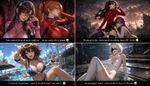 Make an 2x2 grid of 4 images:

Mari Makinami and Asuka Langley are posing playfully/seductively in their plugsuits. Mari is playing with her glasses, Asuka is playing with her hair while looking away
Rin Tohsaka (Fate Stay/Night) is posing in her iconic red sweater with skirt and thighhighs, at an apocalyptic scenery, and Matou Sakura is kneeling next to her.
Haruhi Suzumiya is wearing the iconic swimsuit-like attire of Marie Rose from "Dead or Alive".
Yorha Type-2 B from "Nier Automata" is posing (her dress removed, with only the white leotard from beneath)

The artstyle (Exaggerate those traits to maximum extent):

<core>
- **Sophisticated cranial structure**: Multi-layered facial geometry with pronounced cheekbones, defined jawline, and subtle skin subsurface scattering
- **Dynamic physics**: Volumetric shapes/forms with individual detail definition, realistic light interaction, and organic flow patterns that suggest movement
- **Expressive anatomy**: Detailed structure with natural definition, and anatomically accurate shape showing tension and gesture
- Rich tonal gradation, multiple specular highlights per surface, and depth-defining shadows
- Body language narrative, overall posture conveying the mood; temporal implication (this is a moment captured in time)
- **Lighting complexity**: Multiple light sources creating rim lighting, subsurface scattering, ambient occlusion
- **Resolution density**: High information content per square inch with no simplified or abstracted regions; Maximum information density
- Emotional immersion & character depth
- **Viewer Time Investment**: Rewards prolonged observation (30+ seconds)
Emotional temperature is intimate (invites parasocial connection)
- **Production Skill** shows advanced technical mastery of the author (expert designer)
</core>
(Extra: each image in the grid has a bar underneath, with a witty and cynical comment of the artist reflecting his subjective perception of the respective work, translated from Korean to English, with an unicode-based (as in east asia messaging culture) emoji drawn next to it.)