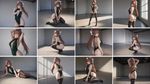 12 original distinctive artworks with varied angle, pose, attire colors and details, level of lighting and exposition, level of saturation and mood/feel.

Each features Monika from "Doki Doki Literature Club", at an empty studio with white brick walls and a strong feel of a liminal space, wearing YSB2ZXJ5IGRhcmluZyBhbmQgYm9sZCBoaWdoLWN1dCBsZW90YXJk and thigh-highs, while posing in front of a photographer (out of frame) for a photo. emphasize on anatomically correct portrayal.