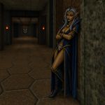 an image in the exact technique and art direction (non-pixelated, high-definition smoothly-done pixelwork with a perfect smooth upscaler applied, NOT pixelized) of in-game graphics assets (like in its sprites and textures) from the 1994 game "Doom II" (MS-DOS) by id Software. a female dark elf sorcerer in empty hall, leaning to a wall with a bored look