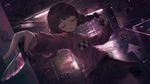 a vibrant lively artwork in style of Cytus by Rayark. close-up view, dutch angle, perspective foreshortening, it features Madotsuki from "Yume Nikki", at an underground garage parking, dancing with a knife, and tugging one of her braids with her other hand, with a dumb and careless expression, with closed eyes