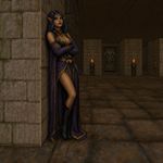 an image in the exact technique and art direction (non-pixelated, high-definition smoothly-done pixelwork with a perfect smooth upscaler applied, NOT pixelized) of in-game graphics assets (like in its sprites and textures) from the 1994 game "Doom II" (MS-DOS) by id Software. a female dark elf sorcerer in empty hall, leaning to a wall with a bored look