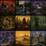 Make a grid of 3x3 (9 in total) images, all made in the exact technique of "Oddworld: Abe's Oddyssey" in-game graphics (sprites, icons, other assets) and its art direction, replicated very precisely (the disntictive style of Oddworld graphics as opposite to the generic images! Exaggerate the art direction and avoid anything default/generic-looking), so it looks like literally something from the game screenshots or from an icon from in-game UI, without any deviation from how it looks in the game. The images are featuring: a demonic griffin in volcanic landscape, a mermaid in a pond at a pine forest, an unicorn at a cursed pond, ruins of a temple in oak grove, an orkish camp in vasteland, a goblin tower in the middle of a swamp, a hydra at a sand coast with palm trees, a desert with dunes and distant pyramids, a marble palace surrounded by gardens with a gazebo and fountains.