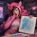 Diva from Overwatch in a Pinkie Pie costume yawns, the aqua paints drawing looks like it was done by a 5-year-old child, and it's all just scribbles