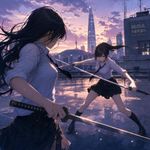 an image in the exact technique (art direction) of an illustration from a light novel (ranobe) or a cover of a light novel, or a fullscreen 2DCG from a VN (visual novel) eroge game. two women is collared shirts and skirts are fighting each other at a rooftop in Seoul, one is wielding a katana and other is wielding twin longswords