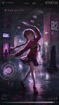 a vibrant lively artwork in style of Cytus by Rayark. it features Madotsuki from "Yume Nikki", at an underground garage parking, dancing with a knife, with a dumb and careless expression, with closed eyes