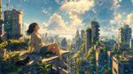 A girl sits on the roof of a skyscraper, solarpunk, retro 90s anime style, cinematic wide shot, volumetric god rays through clouds, cozy warm slice-of-life feeling, chromatic aberration subtle, glowing particles sparkles, highly detailed masterpiece, best quality, masterpiece, absurdres