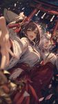 a vibrant lively artwork in style of Cytus and Sdorica by Rayark. close-up view, dutch angle, perspective foreshortening, it features two female characters in 2d anime style, wearing miko clothes, dancing at Shinto shrine casually and laughing happily