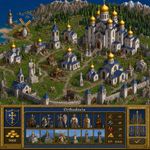 an image in the exact technique and art direction (non-pixelated, high-definition smoothly-done pixelwork with a perfect smooth upscaler applied, NOT pixelized) of in-game graphics assets (like in its sprites and textures) from the 1996 game "Heroes of Might and Magic II" (MS-DOS) by NWC, with vibrant SVGA (NOT 16-bit) colors. it features 'Orthodoxia', a fictional city consisting entirely of the architecture of Orthodox churches and buildings