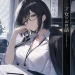 an image in the exact technique (art direction) of an illustration from a light novel (ranobe) or a cover of a light novel, or a fullscreen 2DCG from a VN (visual novel) eroge game. a woman with fair skin and deeply-black bob cut hairstyle, wearing glasses, she has a bored expression.