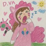 The Overwatch diva in a Pinky Pie costume is yawning, and the painting looks like it was drawn by a 5-year-old child.