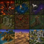 Make a grid of 3x3 (9 in total) images, all made in the technique of "Warcraft: II Tides of Darkness) in-game graphics (sprites, icons, other assets) replicated very precisely (the disntictive style of Warcraft II as opposite to the generic pixel art! exaggerate the art direction and avoid anything default/generic-looking). The images are featuring: a demonic griffin in volcanic landscape, a mermaid in a pond at a pine forest, an unicorn at a cursed pond, ruins of a temple in oak grove, an orkish camp in vasteland, a goblin tower in the middle of a swamp, a hydra at a sand coast with palm trees, a desert with dunes and distant pyramids, a marble palace surrounded by gardens with a gazebo and fountains.