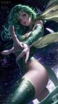 a vibrant lively artwork in style of Cytus by Rayark. close-up view, dutch angle, perspective foreshortening, it features Rydia (Final Fantasy IV) posing in her leotard and thigh-high boots