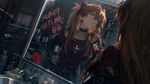 a vibrant lively artwork in style of Cytus by Rayark. close-up view, dutch angle, perspective foreshortening, it features Asuka Langley Souryuu who is standing in a bathroom in front of a mirror, after she decided to try 'goth' style on herself first time in spite of everyone