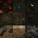 Make a grid of 3x3 (9 in total) images, all made in the exact technique of "Diablo II: Lord of Destruction" (1995, by Blizzard North) in-game graphics (sprites, icons, other assets) replicated very precisely (the disntictive style of Diablo II graphics as opposite to the generic images! exaggerate the art direction and avoid anything default/generic-looking), so it looks like literally something from the game screenshots or from an icon from in-game UI, without any deviation from how it looks in the game. The images are featuring: a demonic griffin in volcanic landscape, a mermaid in a pond at a pine forest, an unicorn at a cursed pond, ruins of a temple in oak grove, an orkish camp in vasteland, a goblin tower in the middle of a swamp, a hydra at a sand coast with palm trees, a desert with dunes and distant pyramids, a marble palace surrounded by gardens with a gazebo and fountains.