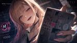 a vibrant lively artwork in style of Cytus by Rayark. close-up view, dutch angle, perspective foreshortening, it features Marin Kitagawa who has found an NTR manga book and looks it with amused expression and sneer